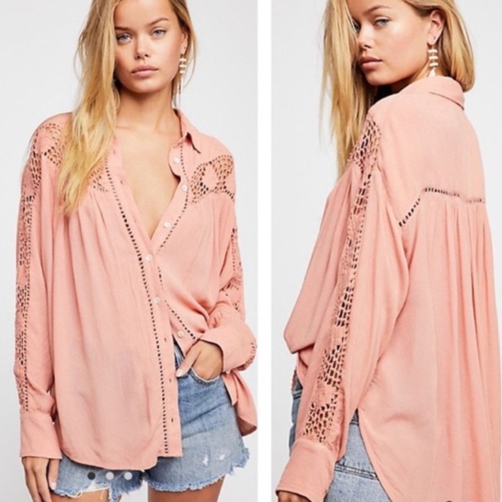 Free People Katie Bird Boho Button Down Blouse Crochet